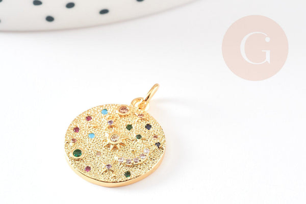 Pendentif médaille ronde lune laiton doré zircons colorés 17mm, x1 (G4749)