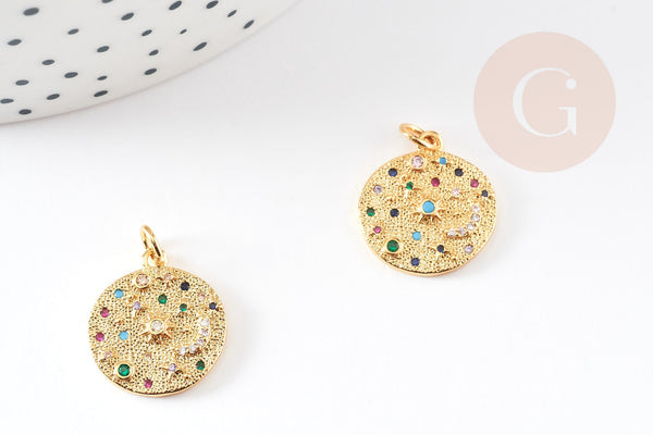 Pendentif médaille ronde lune laiton doré zircons colorés 17mm, x1 (G4749)