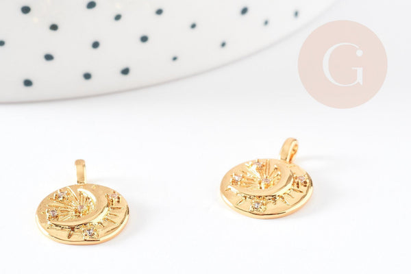 Pendentif médaille ronde lune laiton doré zircons, un pendentif doré avec cristaux pour création bijoux,18mm, x1 G4856