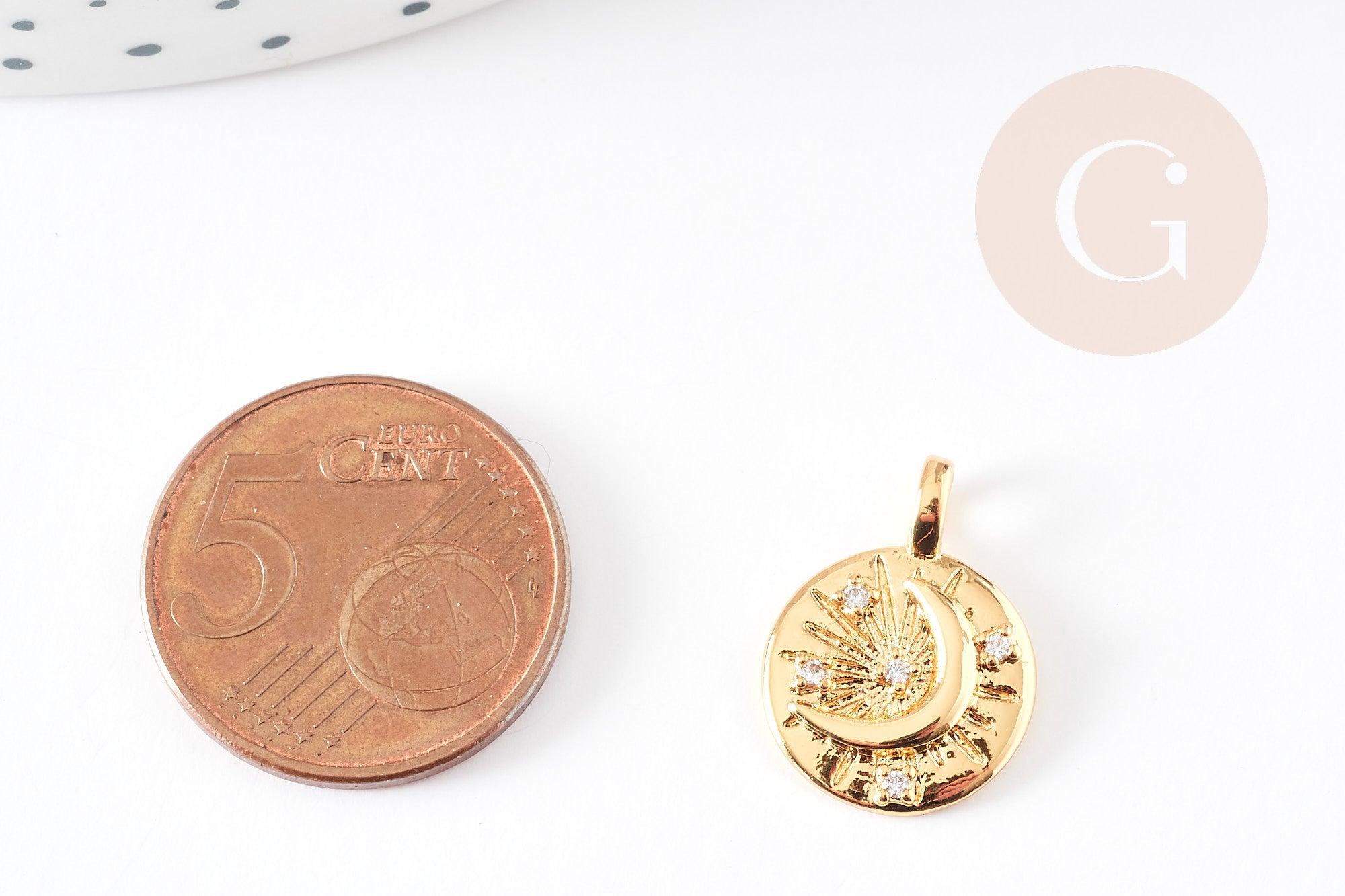 Pendentif médaille ronde lune laiton doré zircons, un pendentif doré avec cristaux pour création bijoux,18mm, x1 G4856