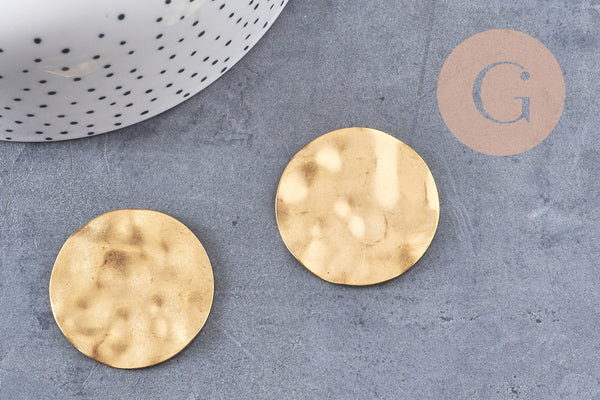 Pendentif médaille ronde martelée laiton brut,non percé, sans nickel,médaille dorée,laiton brut, médaille ronde,35mm, X2 (G2758)