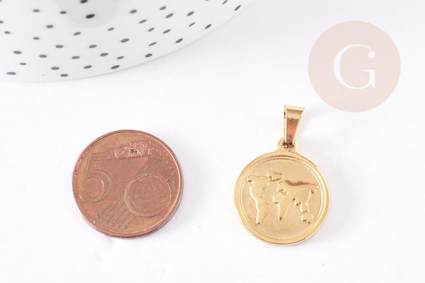 Pendentif médaille ronde monde acier doré, pendentif doré,sans nickel,acier doré, médaille or,2.1cm,x1 (G1828)