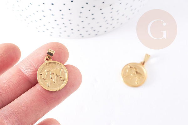 Pendentif médaille ronde monde acier doré, pendentif doré,sans nickel,acier doré, médaille or,2.1cm,x1 (G1828)