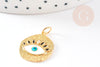 Pendentif médaille ronde oeil émail blanc laiton doré 18K et cristal zircon,pendentif laiton amour 22.5mm, x1 G3553