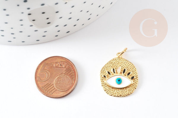 Pendentif médaille ronde oeil émail blanc laiton doré 18K et cristal zircon,pendentif laiton amour 22.5mm, x1 G3553