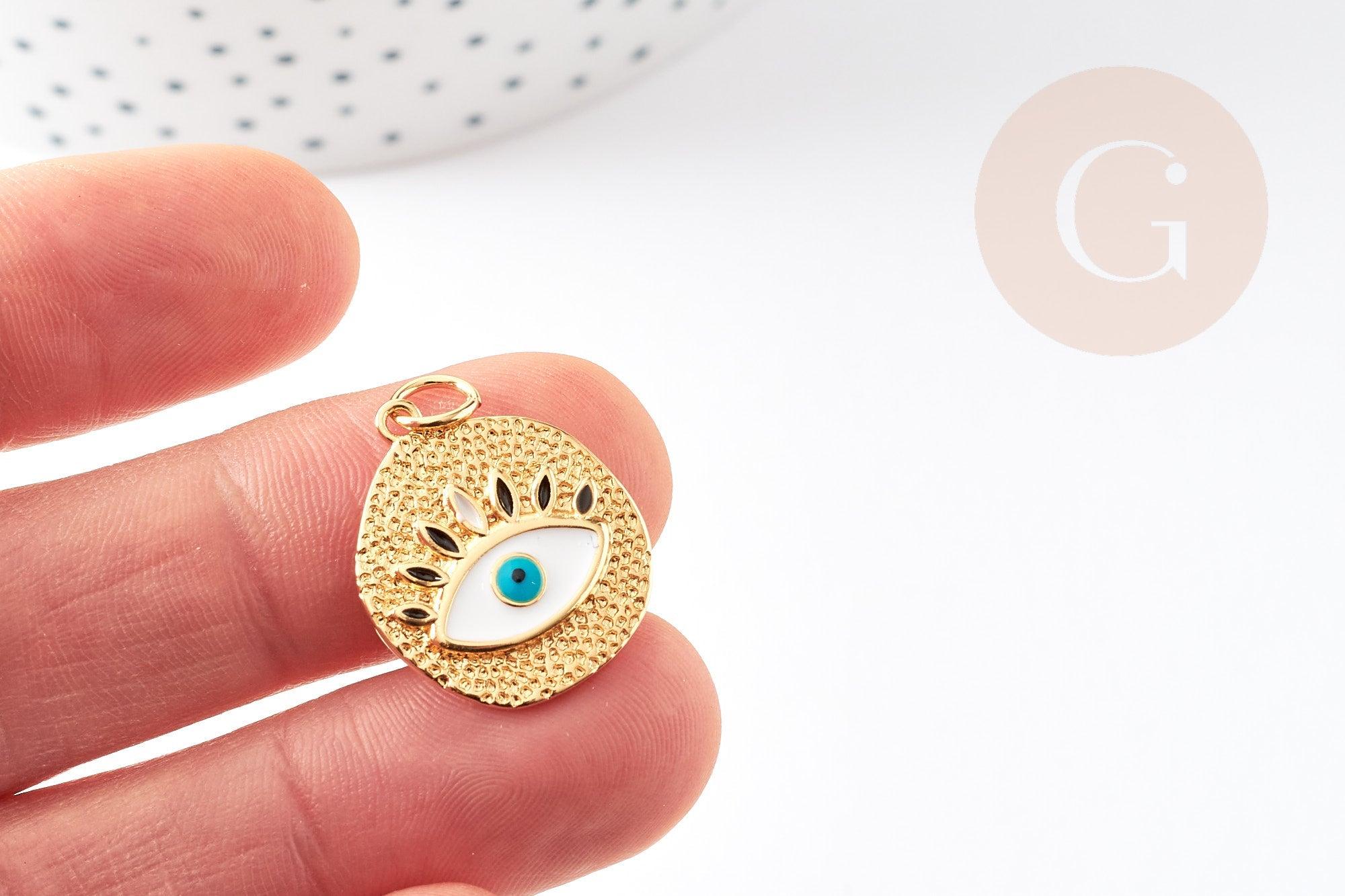 Pendentif médaille ronde oeil émail blanc laiton doré 18K zircon 22.5mm, x1 (G3553)