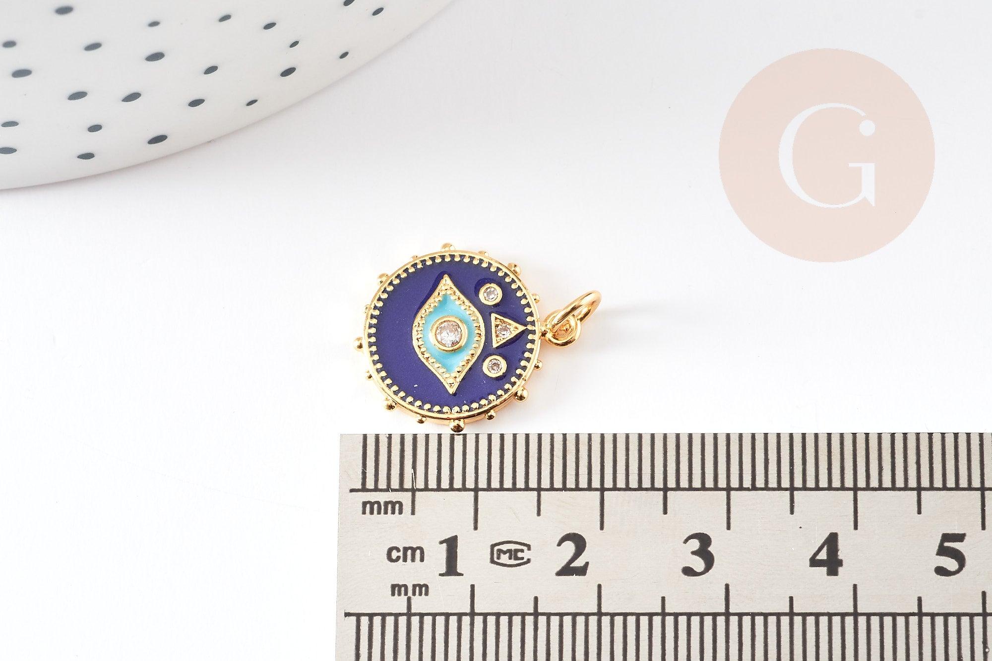 Pendentif médaille ronde oeil émail bleu laiton doré 18K et cristal zircon,pendentif porte-bonheur,18.5mm, x1 G4087