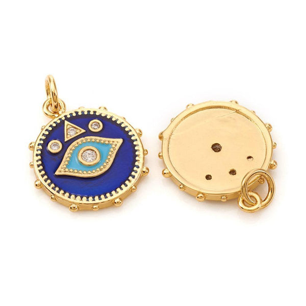 Pendentif médaille ronde oeil émail bleu laiton doré 18K et cristal zircon,pendentif porte-bonheur,18.5mm, x1 G4087