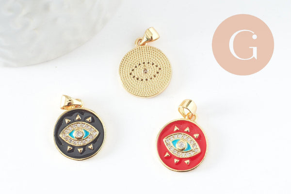 Pendentif médaille ronde oeil émail rouge laiton doré 18K et cristal zircon,pendentif laiton amour pour création bijoux,16mm, x1 (G3298)