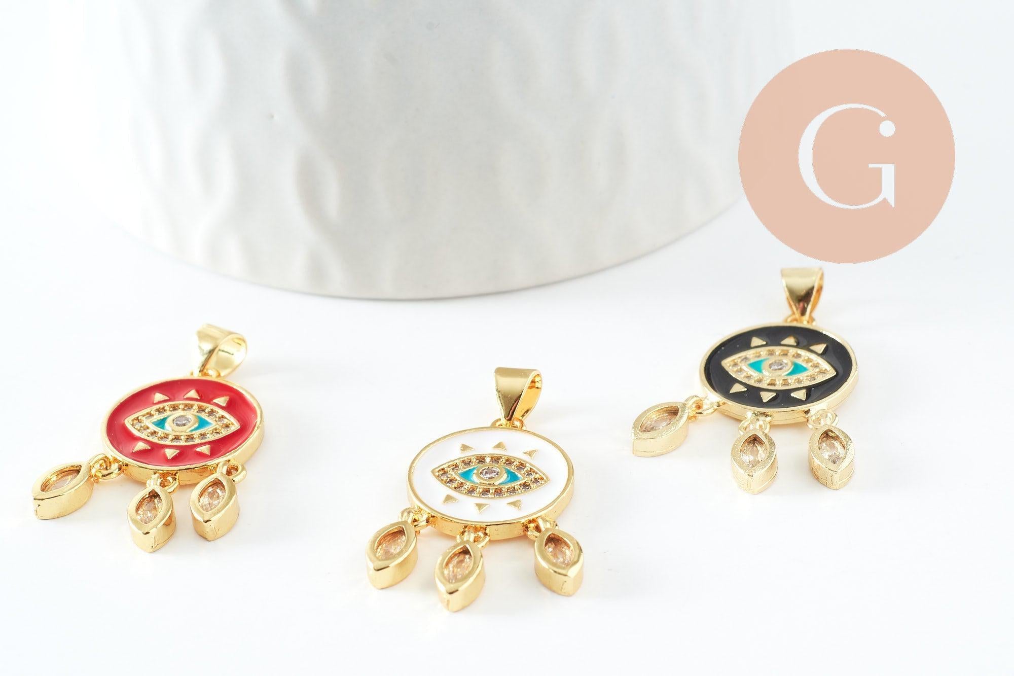 Pendentif médaille ronde oeil émail rouge laiton doré 18K et cristal zircon,pendentif laiton amour pour création bijoux,28mm, x1 (G3579)