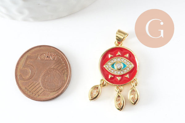 Pendentif médaille ronde oeil émail rouge laiton doré 18K et cristal zircon,pendentif laiton amour pour création bijoux,28mm, x1 (G3579)