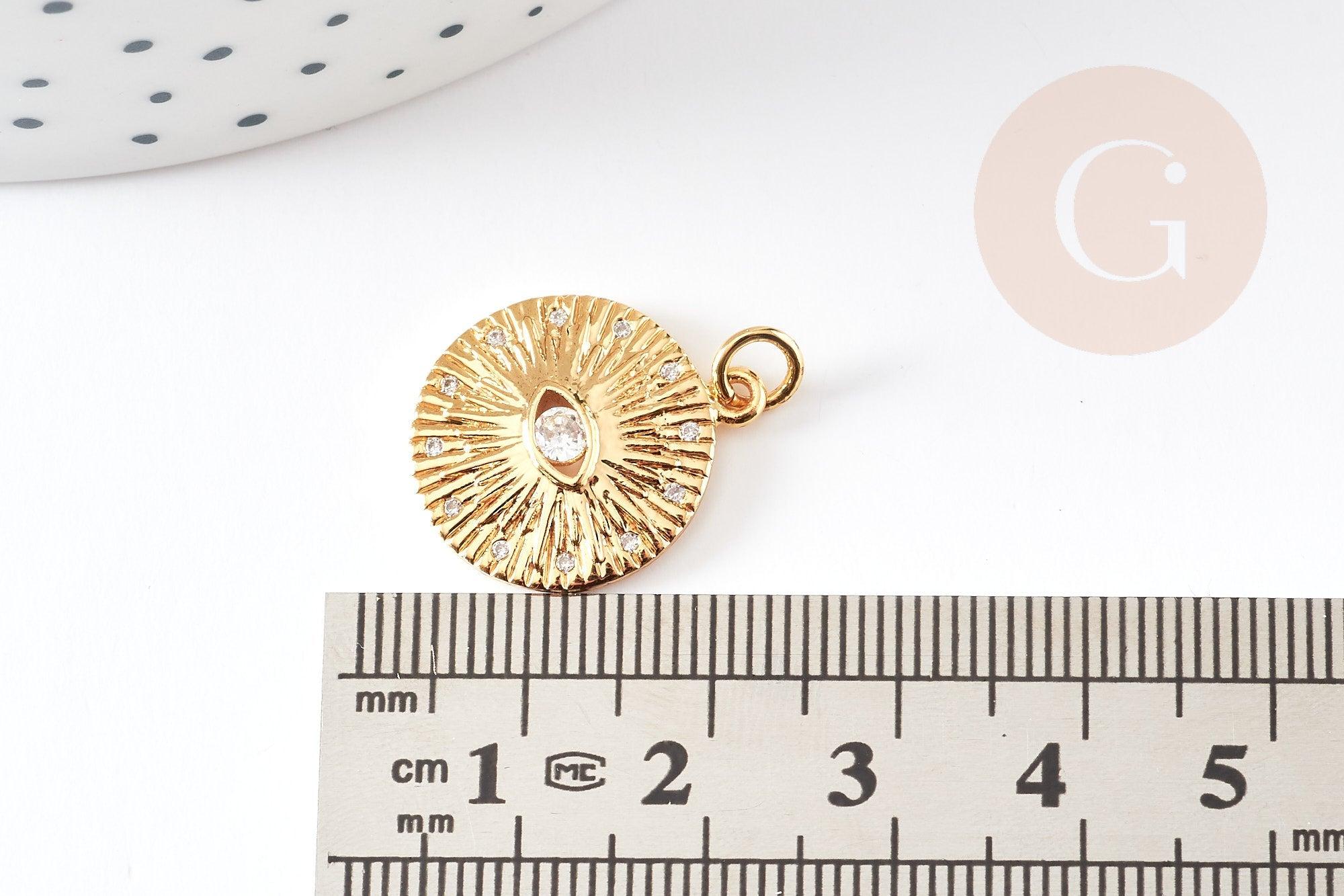 Pendentif médaille ronde oeil laiton doré 18K texturé zircon, pendentif doré sans nickel pour la création médaille or,19mm, x1 G4082