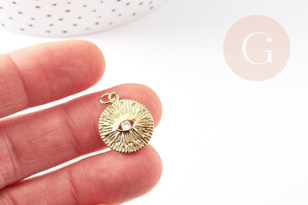 Pendentif médaille ronde oeil laiton doré 18K texturé zircon, pendentif doré sans nickel pour la création médaille or,19mm, x1 G4082