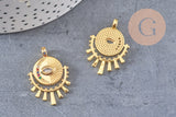 Pendentif médaille ronde oeil laiton doré 18K zircons 31mm, x1 (G4656)