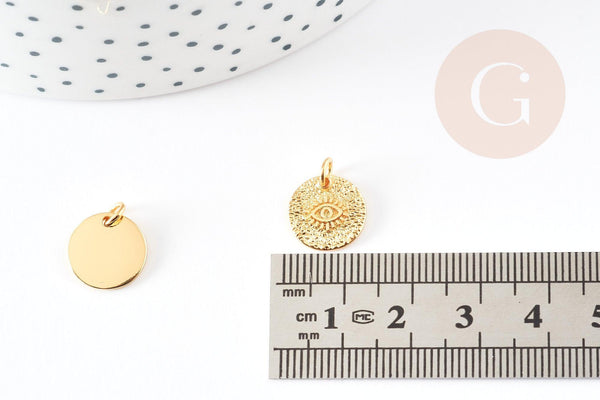 Pendentif médaille ronde oeil laiton doré texturé, un pendentif doré sans nickel pour la création bijoux,médaille or,12mm, x1 G5293