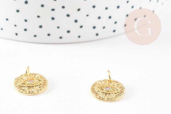 Pendentif médaille ronde oeil laiton doré texturé zircon 12mm, x1 (G3331)