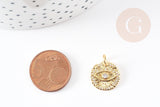 Pendentif médaille ronde oeil laiton doré texturé zircon 12mm, x1 (G3331)