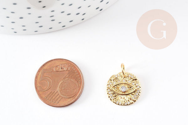 Pendentif médaille ronde oeil laiton doré texturé zircon 12mm, x1 (G3331)