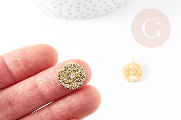 Pendentif médaille ronde oeil laiton doré texturé zircon 12mm, x1 (G3331)