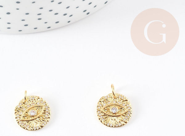 Pendentif médaille ronde oeil laiton doré texturé zircon 12mm, x1 (G3331)