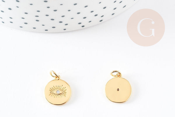 Pendentif médaille ronde oeil laiton doré zircon 15mm, x1 (G3179)