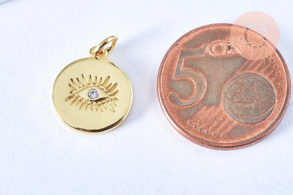 Pendentif médaille ronde oeil laiton doré zircon 15mm, x1 (G3179)