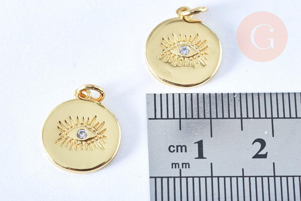 Pendentif médaille ronde oeil laiton doré zircon 15mm, x1 (G3179)