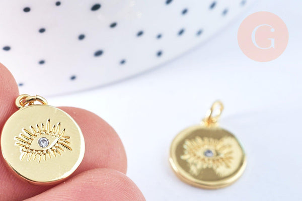 Pendentif médaille ronde oeil laiton doré zircon 15mm, x1 (G3179)
