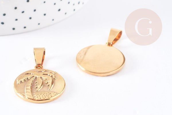 Pendentif médaille ronde palmier acier doré 25mm, x1 (G2752)