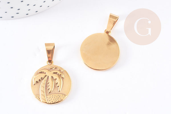 Pendentif médaille ronde palmier acier doré 25mm, x1 (G2752)