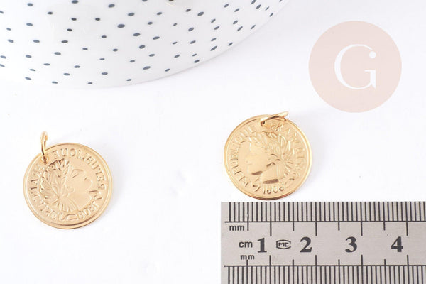 Pendentif médaille ronde pièce acier 304 inoxydable doré 20mm, x1 (G5571)