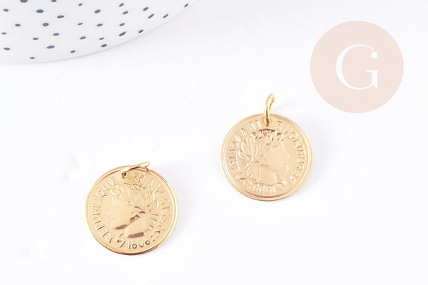 Pendentif médaille ronde pièce acier 304 inoxydable doré 20mm, x1 (G5571)