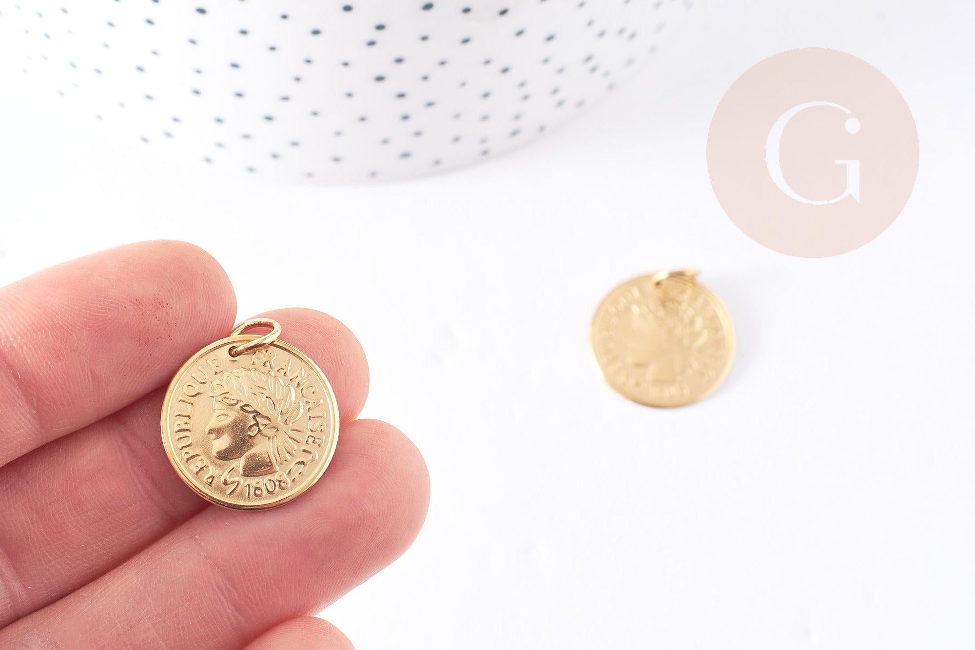 Pendentif médaille ronde pièce acier 304 inoxydable doré IP 20mm, x1 (G5571)