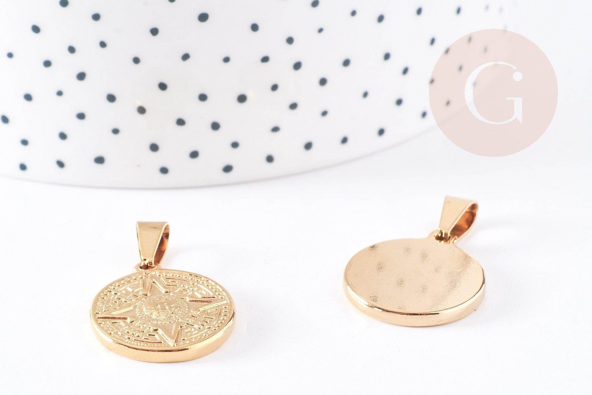 Pendentif médaille ronde rose des vents acier 304 inoxydable doré ,23.4mm, pendentif doré sans nickel,acier doré, création bijoux,x1 (G2637)