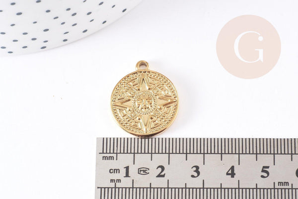 Pendentif médaille ronde rose des vents acier 304 inoxydable doré 23.4mm, x1 (G2639)