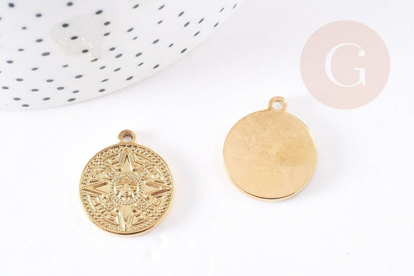 Pendentif médaille ronde rose des vents acier 304 inoxydable doré 23.4mm, x1 (G2639)