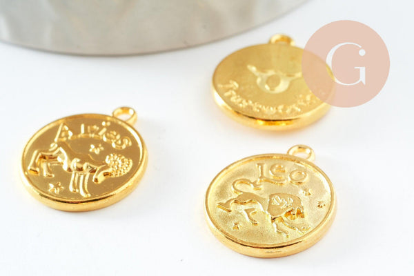 Pendentif médaille ronde signa astrologique zamac doré 20mm, x1 (G4814)