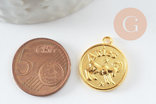 Pendentif médaille ronde signa astrologique zamac doré 20mm, x1 (G4814)