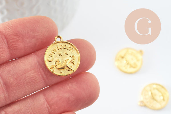 Pendentif médaille ronde signa astrologique zamac doré 20mm, x1 (G4814)