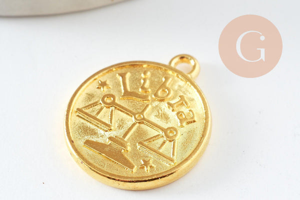 Pendentif médaille ronde signa astrologique zamac doré 20mm, x1 (G4814)