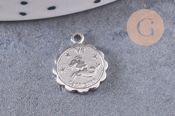 Pendentif médaille ronde signe astrologique laiton argenté 14mm, x1 (G3462)