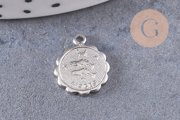 Pendentif médaille ronde signe astrologique laiton argenté 14mm, x1 (G3462)
