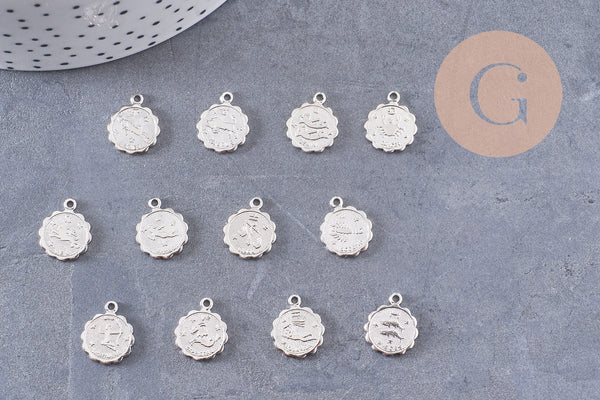 Pendentif médaille ronde signe astrologique laiton platine 14mm, x1 (G3462)