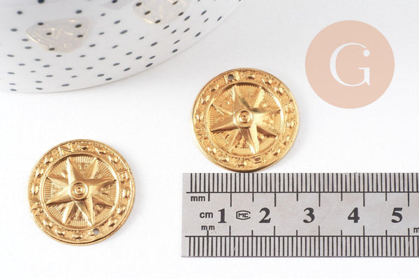 Pendentif médaille ronde soleil laiton brut, un apprêt doré sans nickel, une médaille ronde dorée,25mm,x 2,G3225