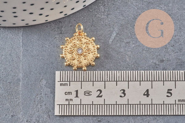 Pendentif médaille ronde soleil laiton doré zircon blanc, un pendentif doré avec cristal pour création bijoux,18mm, x1 (G4467)