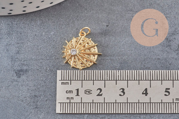 Pendentif médaille ronde soleil laiton doré zircon, un pendentif doré avec cristaux pour création bijoux,18mm, x1 G3469