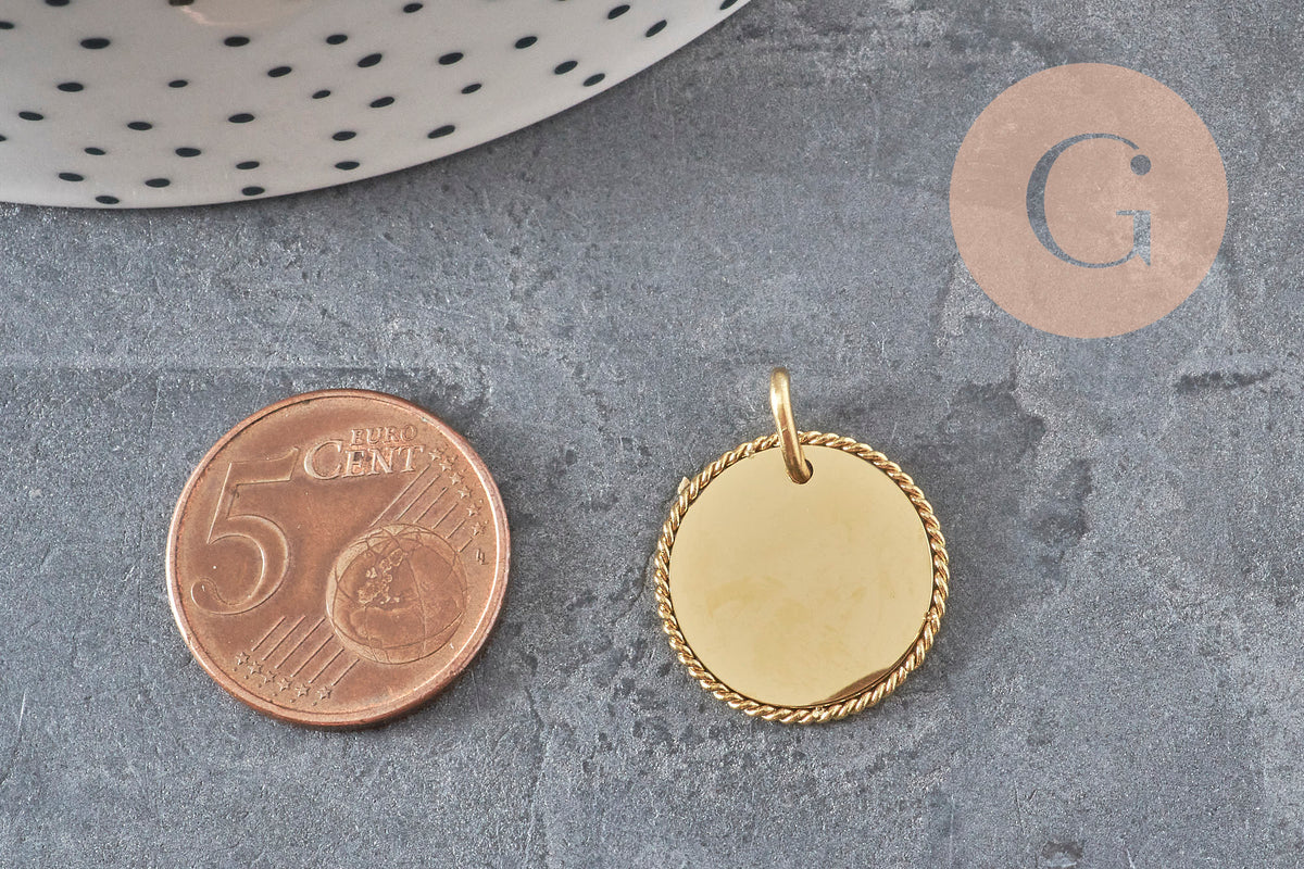 Pendentif médaille ronde tressée acier 304 inoxydable doré personnalisable 18mm, x1 (G11376)