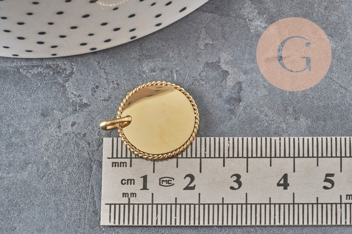 Pendentif médaille ronde tressée acier 304 inoxydable doré personnalisable 18mm, x1 (G11376)
