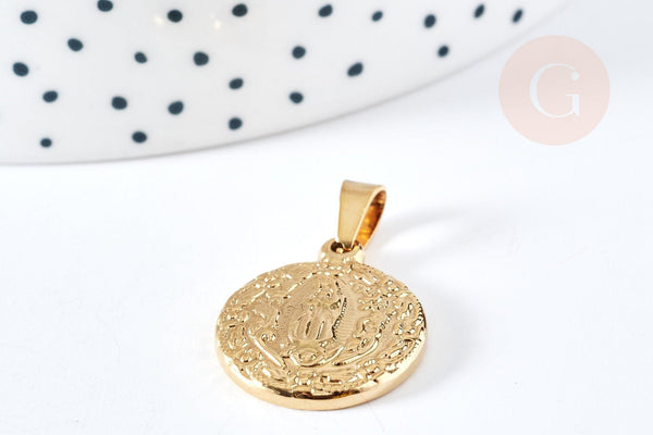 Pendentif médaille ronde vierge acier doré, pendentif doré sans nickel,acier doré,médaille or,22mm,x1 (G2651)