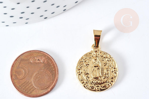 Pendentif médaille ronde vierge acier doré, pendentif doré sans nickel,acier doré,médaille or,22mm,x1 (G2651)